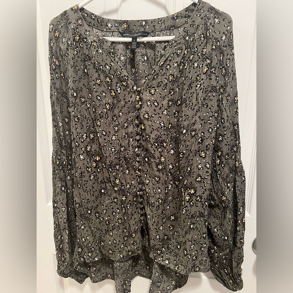 White House Black Market Green, Black  and Yellow Floral Button Down Top